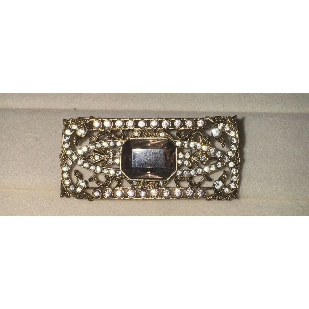 1928 Art Deco Purple Glass Brooch Gold Tone Crystal Pin Victorian Marcasite